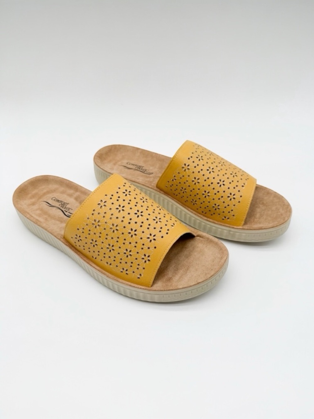 Easy Street Ivey Comfort Slide Sandals Laser Cut Open Toe Yellow 10WW Extra Wide